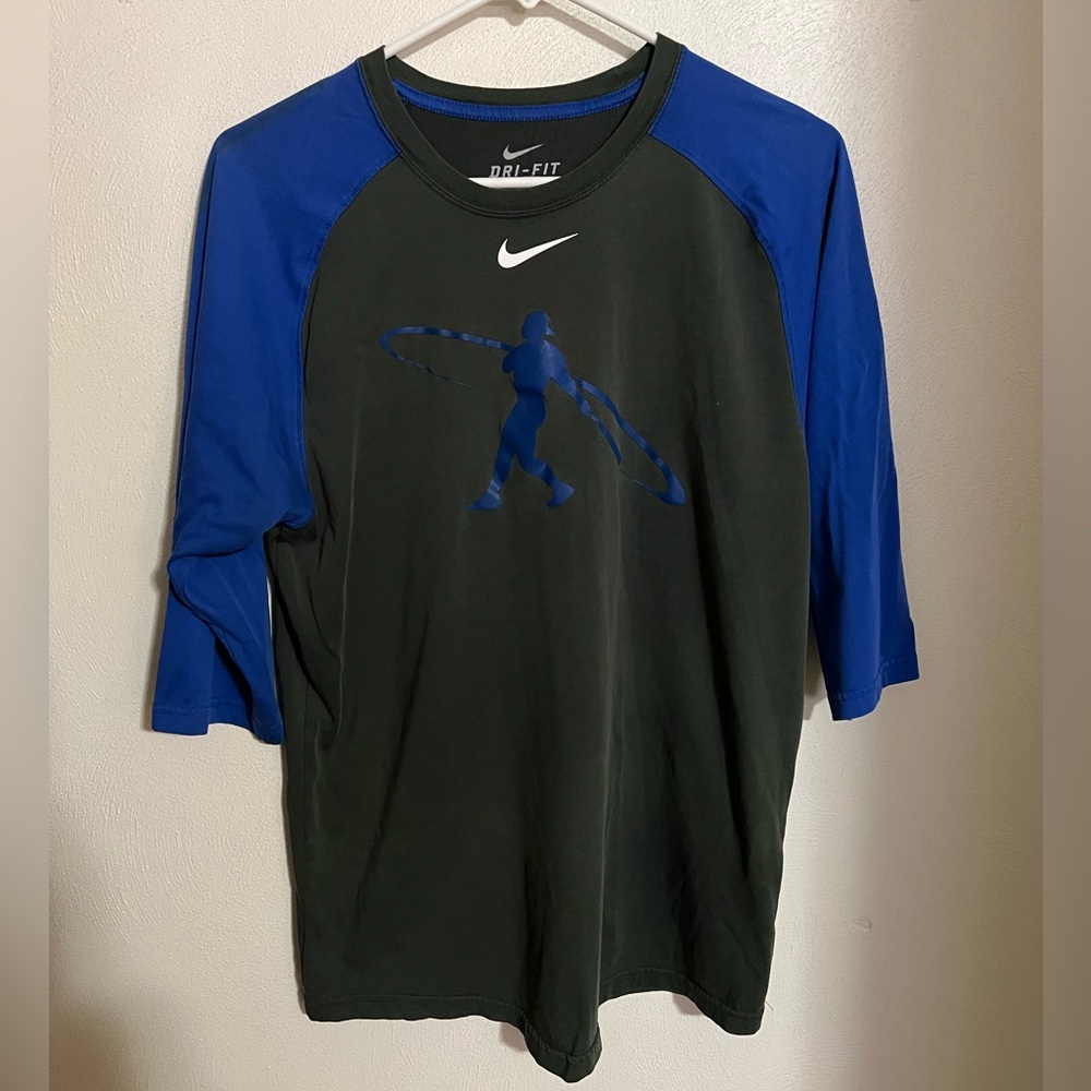 NIKE Classic Baseball 3/4 Length Sleeve Graphic T Shirt Dri Fit Grey Blue Mens S